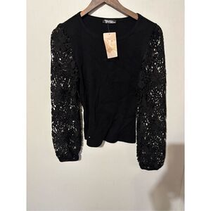 Brand New Fashion Women's Medium Black Balloon Sleeve Lace Detail Top Blouse